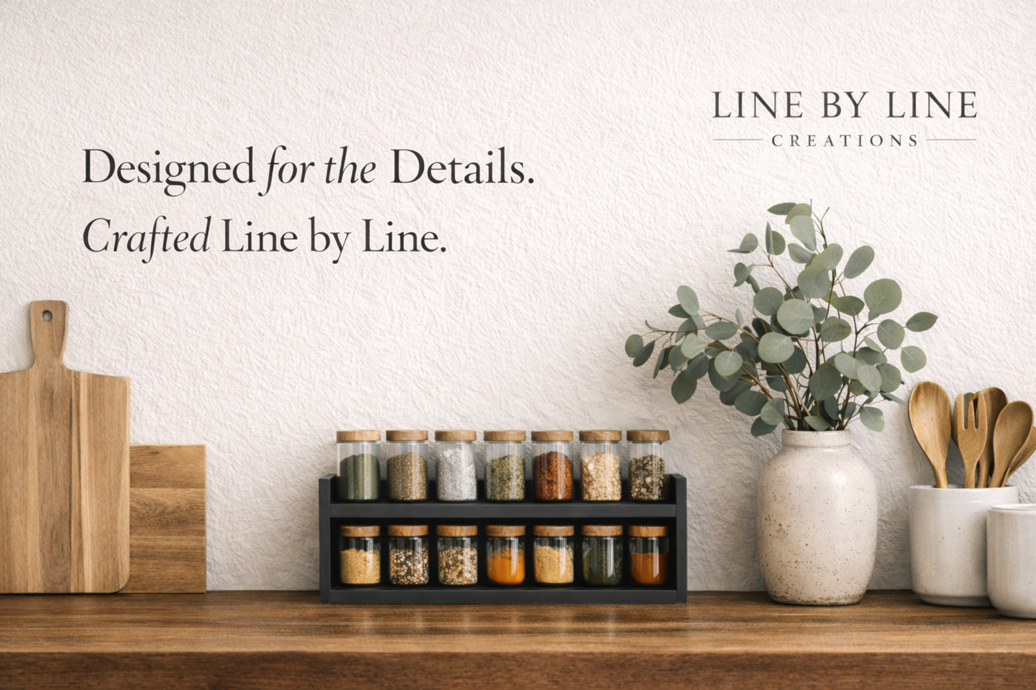 Line By Line Creations brand artwork: a warm kitchen scene with an organized spice rack, natural wood, ceramic vessels, and greenery.