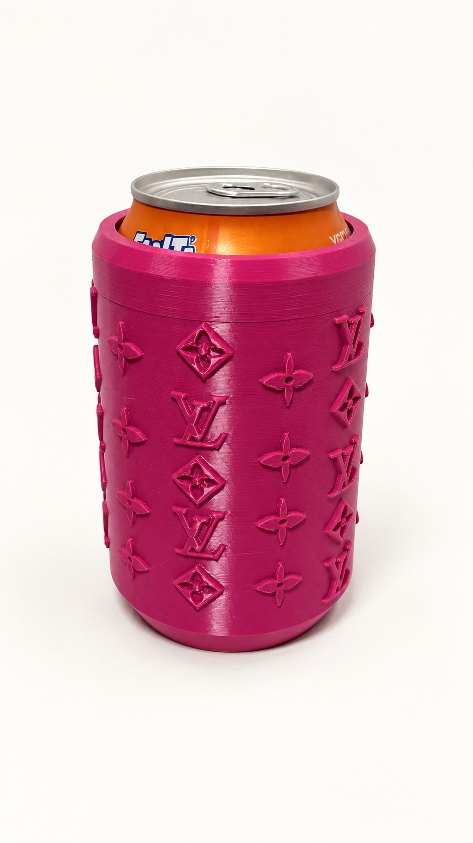 Magenta can koozie holding a beverage can, shown in detail.